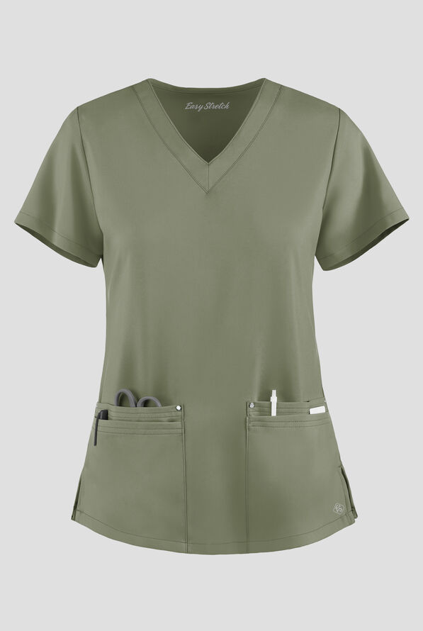 Easy STRETCH Lina Mitered Women's 4-Pocket V-Neck Scrub Top - Olive Leaf - 1