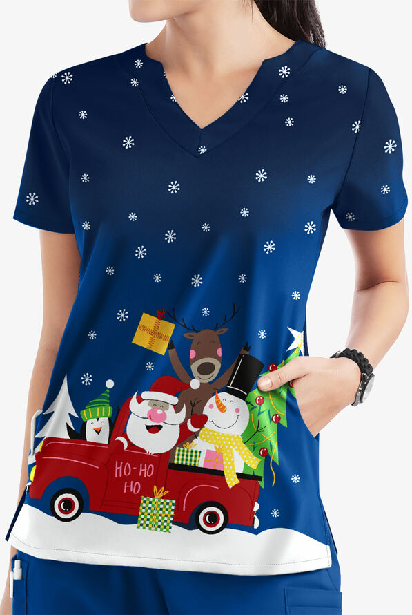 Butter-Soft Santa's Truck Royal Women's 2-Pocket Scallop Neck Print Scrub Top - null - 2