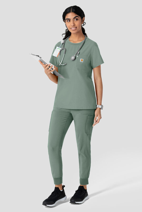 Carhartt Cross-Flex Force Women's 1-Pocket STRETCH Knit Trim Crew Neck Scrub Top - Green Slate - 4