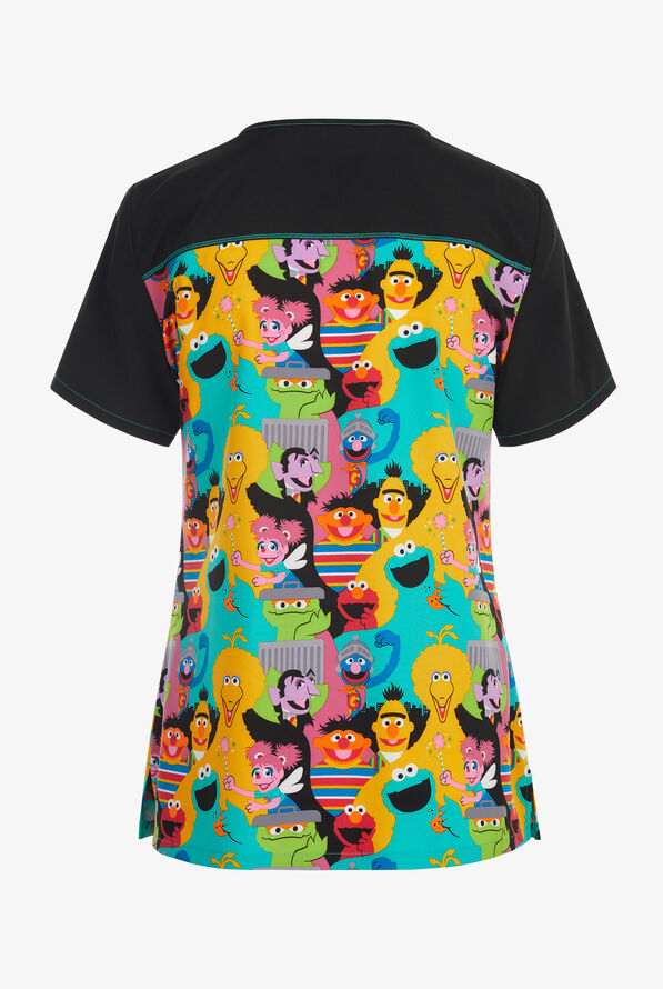 Tooniforms Disney's Sesame Street The Whole Gang Women's 2-Pocket STRETCH V-Neck Print Scrub Top - null - 2
