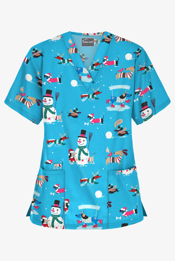 Blusa médica estampada Butter-Soft Holiday Fun Turquoise con cuello en V y 3 bolsillos para mujer - null - 1