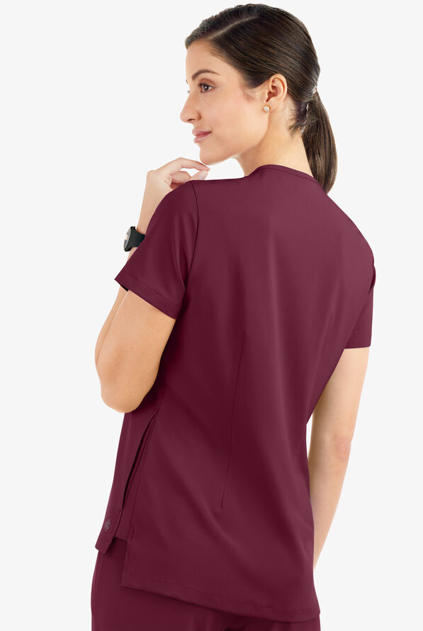 Easy STRETCH Taylor Women's 3-Pocket High Low Hem V-Neck Scrub Top - Wine - 3