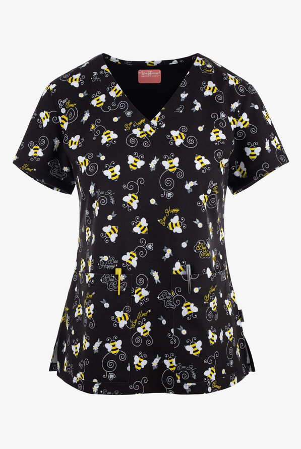 UA Exclusive Zavate Ava Therese Whimsical Bee Happy Women's 2-Pocket STRETCH V-Neck Print Scrub Top - null - 1