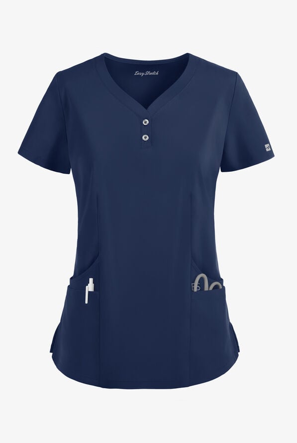 Easy STRETCH Demi Women's 4-Pocket Henley Scrub Top - Navy - 1