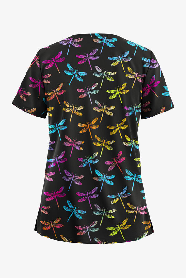 Butter-Soft STRETCH Dragonfly Dance Black Women's 2-Pocket V-Neck Print Scrub Top - null - 2