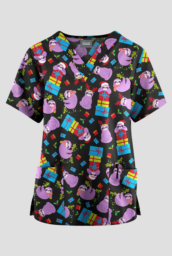 Butter-Soft Originals Gift Exchange Women's 2-Pocket V-Neck Print Scrub Top - null - 1