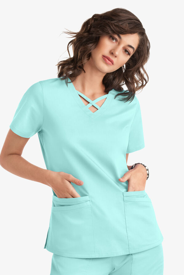 Butter-Soft STRETCH Women's 4-Pocket Crisscross Scrub Top - Sea Frost - 5