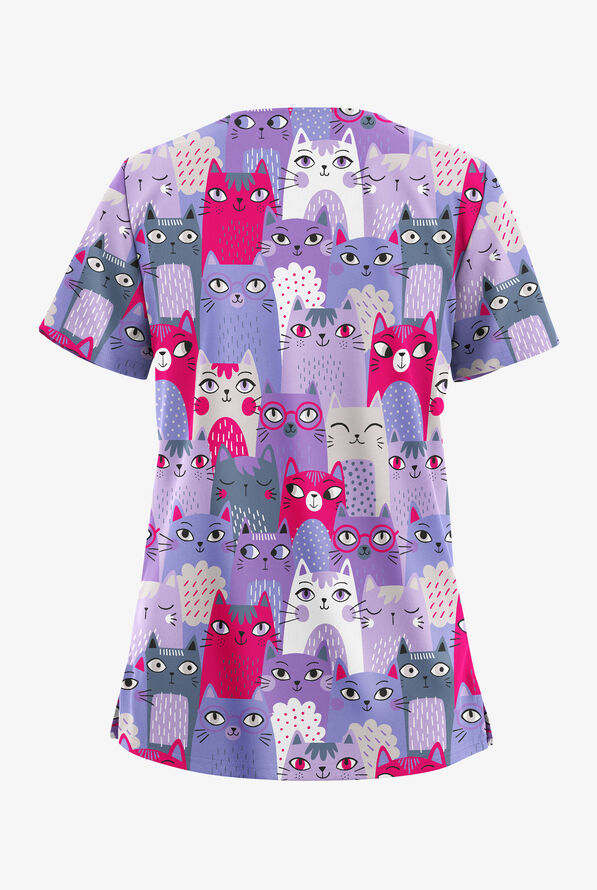 Butter-Soft STRETCH Party Time Ultraviolet Light Women's 2-Pocket V-Neck Print Scrub Top - null - 2