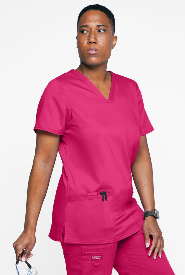 Cherokee Workwear Revolution Women's 3-Pocket STRETCH V-Neck Scrub Top - Electric Pink - 2