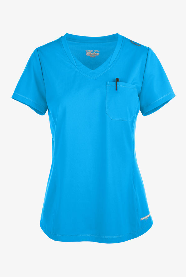 Skechers by Barco Slip-ins Flow Women's 1-Pocket STRETCH Tulip Hem Tuck In V-Neck Scrub Top - Bold Azure - 1
