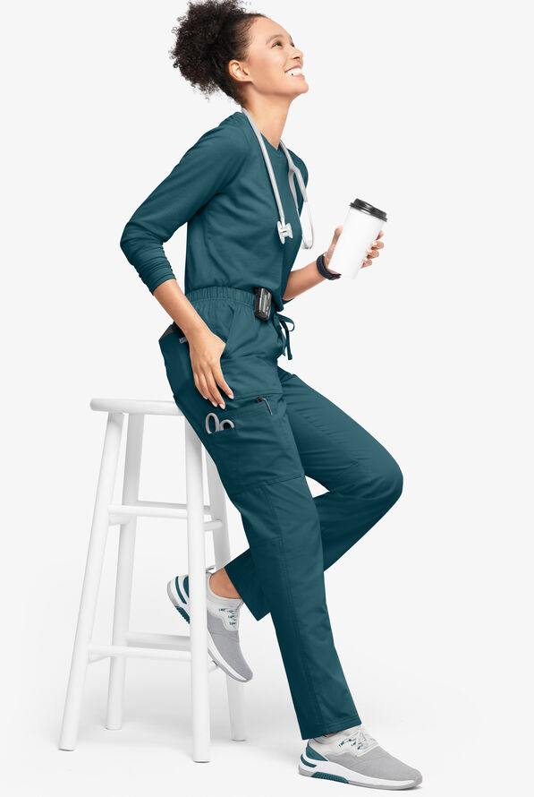 Butter-Soft Originals Women's 7-Pocket Mid Rise Straight Leg Cargo Scrub Pants - Petite - Caribbean Blue - 4