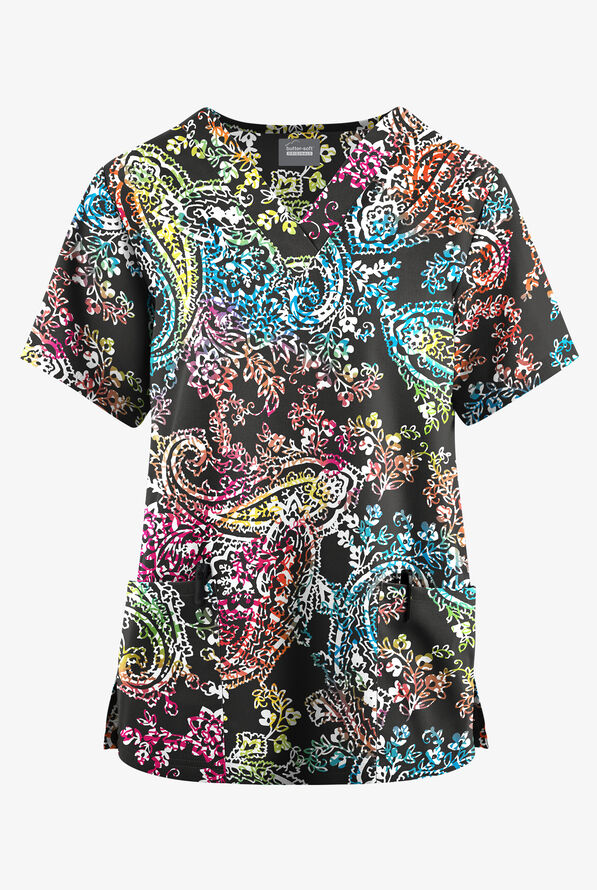 Butter-Soft Originals Exotic Paisley Black Women's 2-Pocket V-Neck Print Scrub Top - null - 1