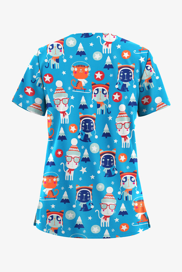 Butter-Soft STRETCH Christmas Kitties Turquoise Women's 2-Pocket V-Neck Print Scrub Top - null - 2