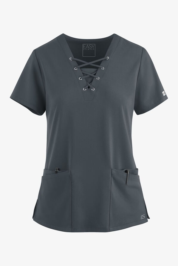 Blusa médica Easy STRETCH Gisele con cordones en el cuello en V y 5 bolsillos para mujer - Pewter - 1