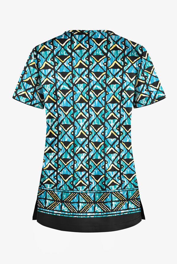 Butter-Soft STRETCH Day Dance Black Printed Women's 1-Pocket V-Neck Scrub Top - null - 2