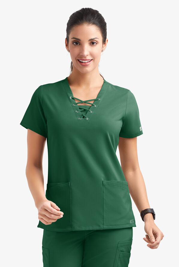 Blusa médica Easy STRETCH Gisele con cordones en el cuello en V y 5 bolsillos para mujer - Hunter - 2