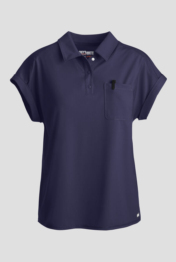 Grey's Anatomy by Barco Knit STRETCH Renew Women's 1-Pocket Dolman Sleeve Polo Scrub Top - Indigo - 1