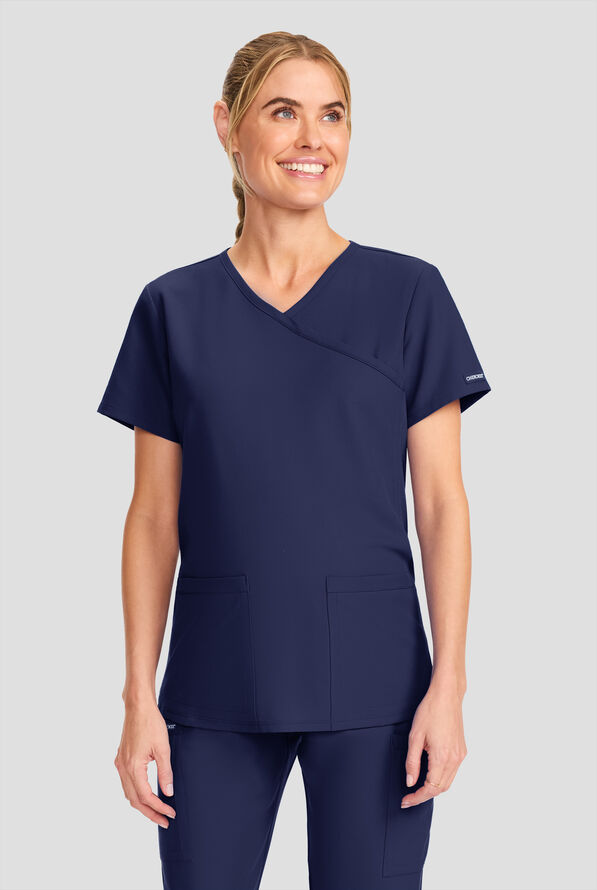 Cherokee Workwear Originals Ultra Women's 2-Pocket STRETCH Maternity Mock Wrap Scrub Top - Navy - 2