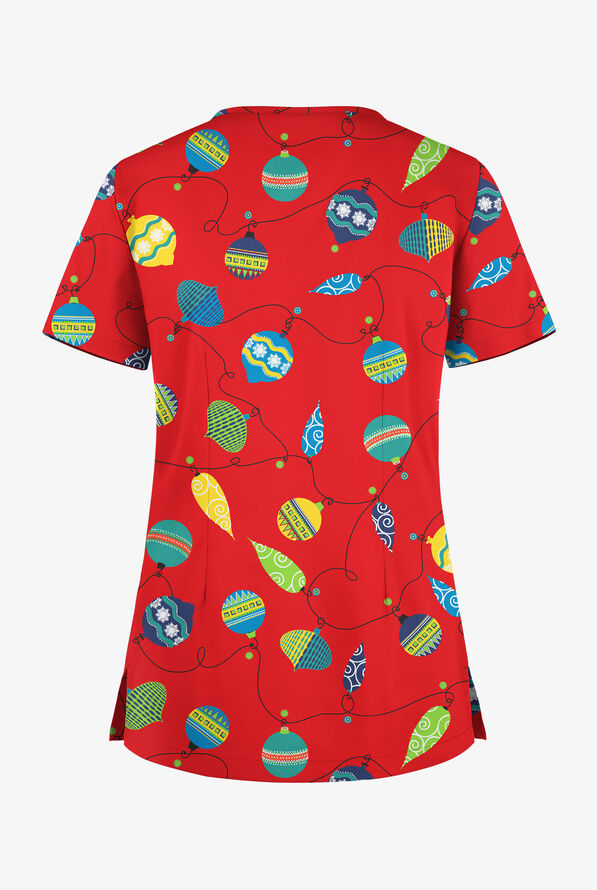 Butter-Soft STRETCH Bright Baubles Royal Women's 1-Pocket Tuck-In V-Neck Print Scrub Top - null - 2