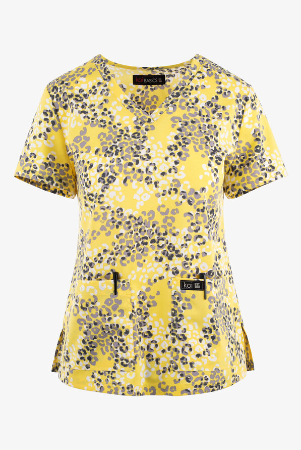 koi Basics Leopard Spots Sunshine Women's 2Pocket STRETCH VNeck Print