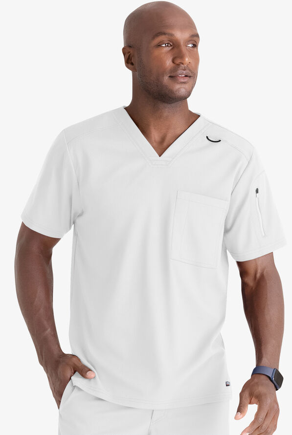 Grey's Anatomy by Barco Spandex STRETCH Murphy Men's 2-Pocket V-Neck Scrub Top - White - 2