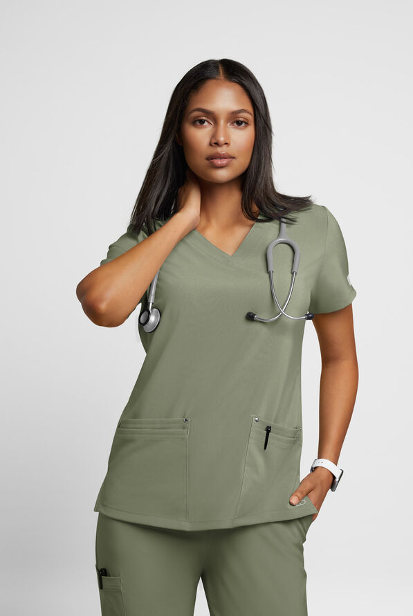Blusa médica Easy STRETCH Lina con cuello en V ingleteado y 4 bolsillos para mujer - Olive Leaf - 2