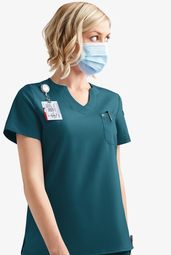 Easy STRETCH Nikki Women's 1-Pocket Scallop Neck Tuck-In Scrub Top - Caribbean Blue - 7