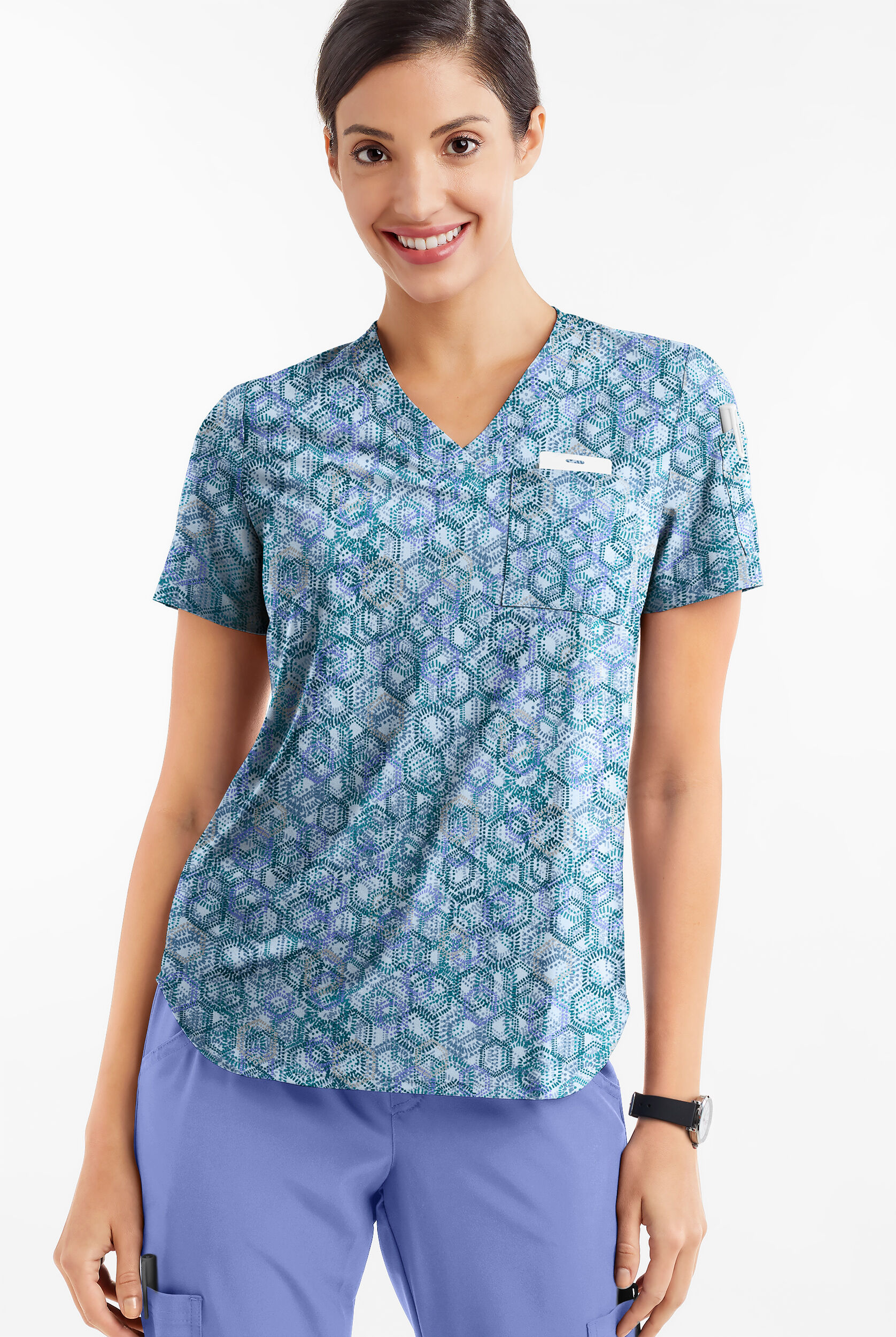 トップス G3M Caribbean blue long-sleeves Easy STRETCH Dotted Geo Caribbean Blue Women's 1-Pocket Tuck