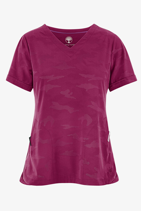 Healing Hands Purple Label Joy Camo Women's 2-Pocket STRETCH V-Neck Scrub Top - Wine - 1