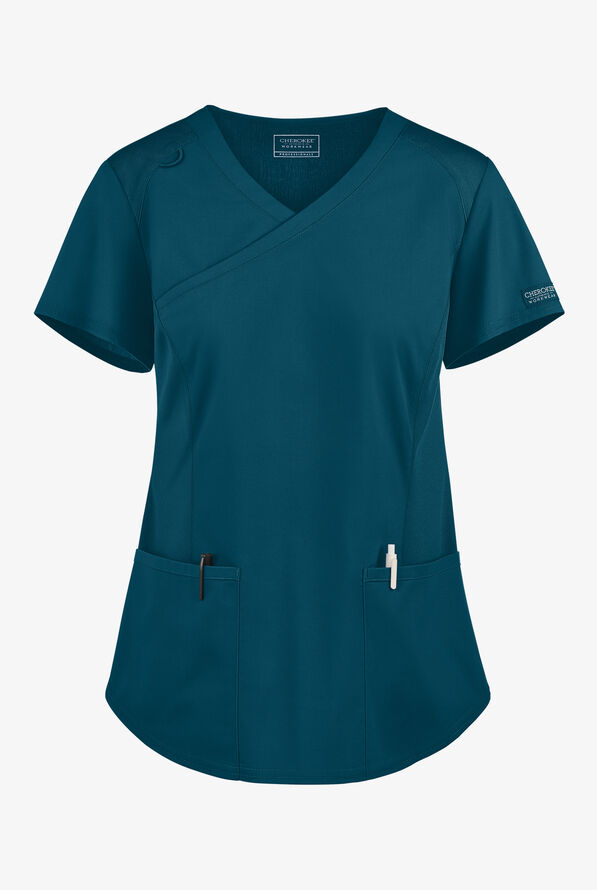 UA Exclusive Cherokee Workwear Professionals Active Women's 2-Pocket STRETCH Mock Wrap Scrub Top - Caribbean Blue - 1