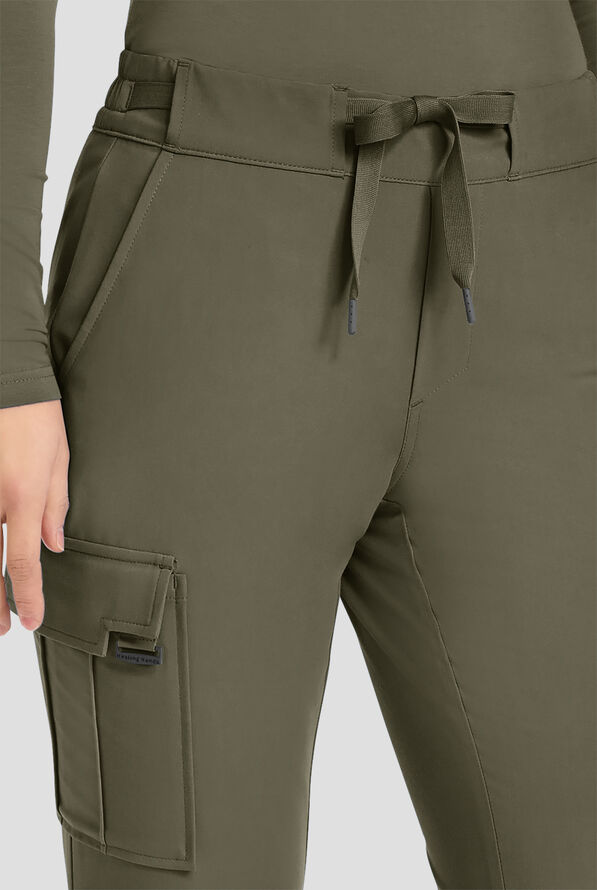 Healing Hands Quest Blair Women's 6-Pocket STRETCH Flare Leg Drawstring Cargo Scrub Pants - Petite - Olive - 2