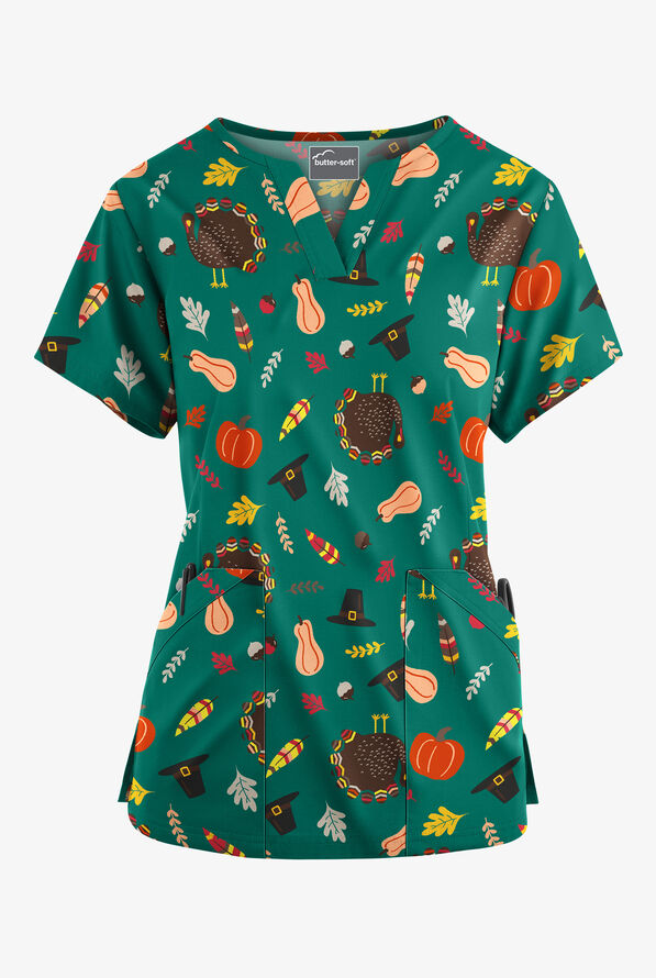 Butter-Soft Thanksgiving Walk Hunter Women&rsquo;s 4-Pocket V Notch-Neck Print Scrub Top - null - 1