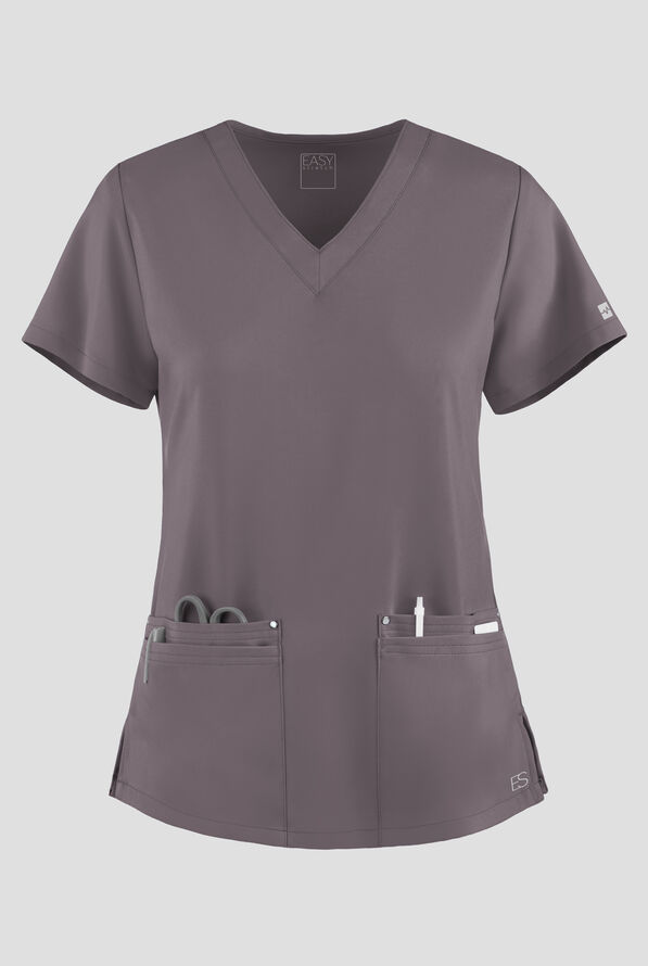 Easy STRETCH Lina Mitered Women's 4-Pocket V-Neck Scrub Top - Grey Stone - 1