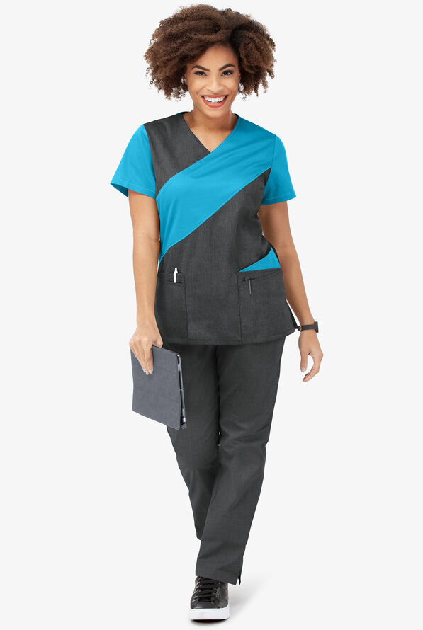 Butter-Soft STRETCH Women's 5-Pocket Asymmetric Scrub Top - Heather Charcoal/Turquoise - 2