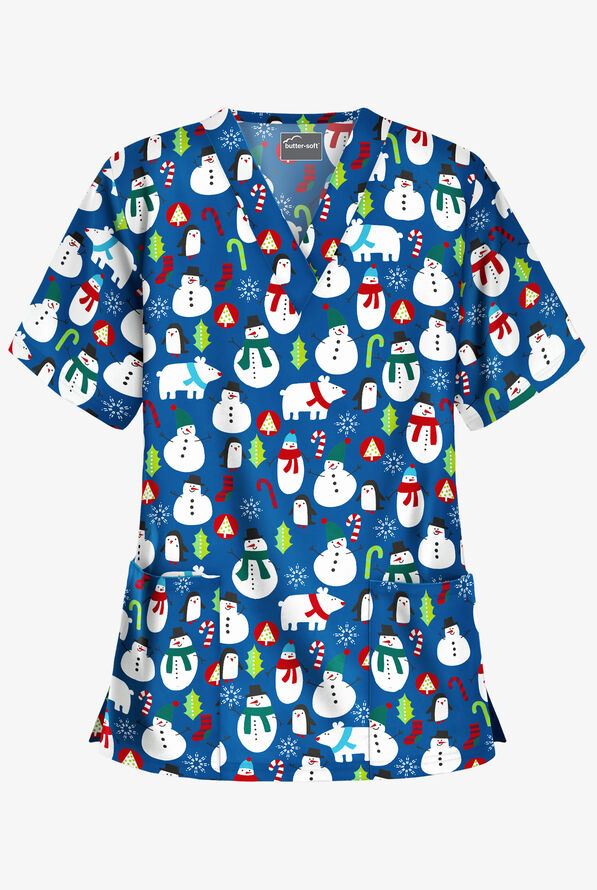 Butter-Soft North Pole Party Royal Women's 2-Pocket Relaxed Fit V-Neck Print Scrub Top - null - 1