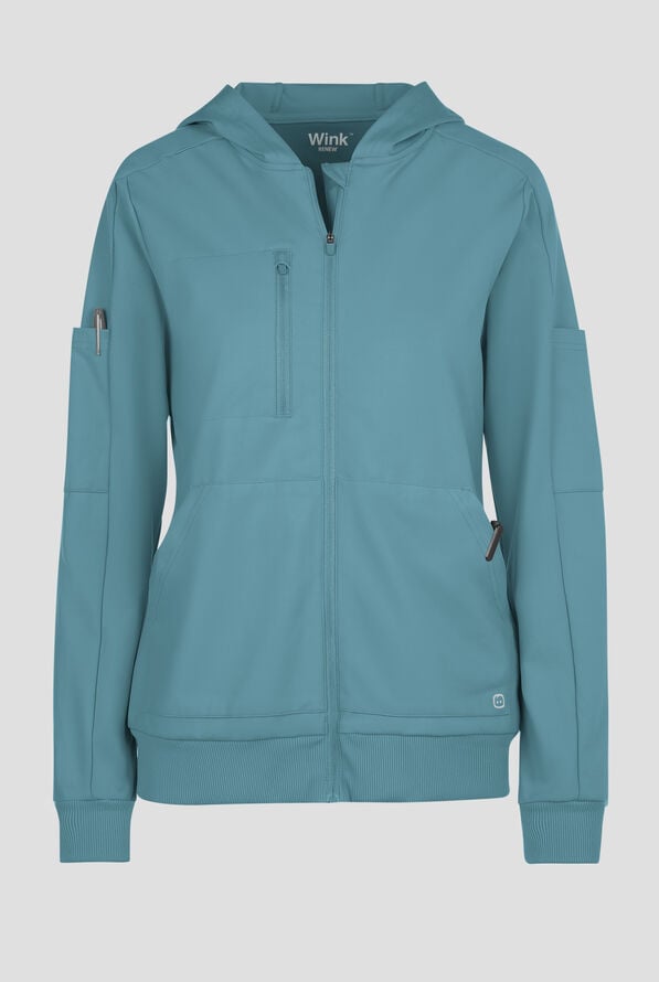 Wink Renew Knit Women's 4-Pocket STRETCH Front Zip Scrub Hoodie Jacket - Vintage Teal - 1