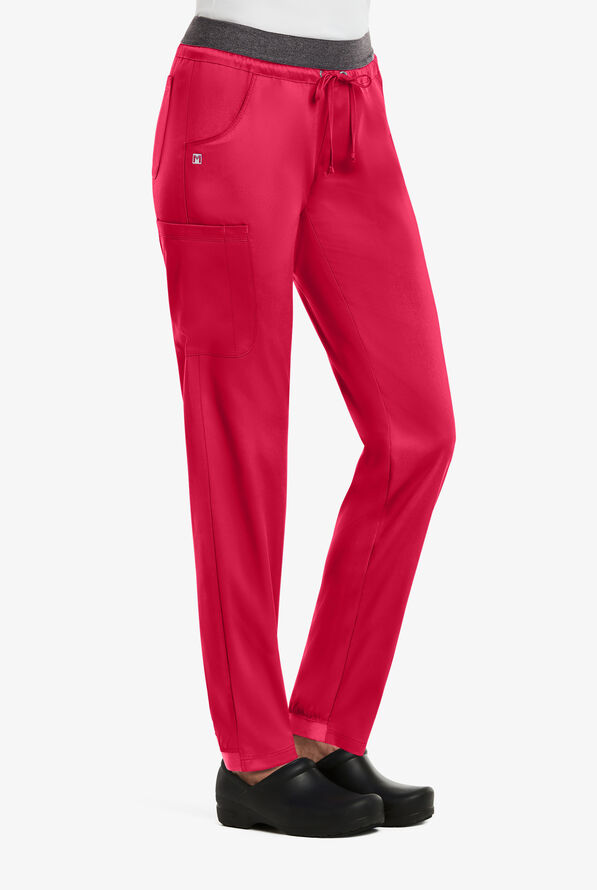 Maevn Matrix Women's 5-Pocket STRETCH Heather Elastic Waist Half Jogger Scrub Pants - Cherries Jubilee/Heather Grey - 1