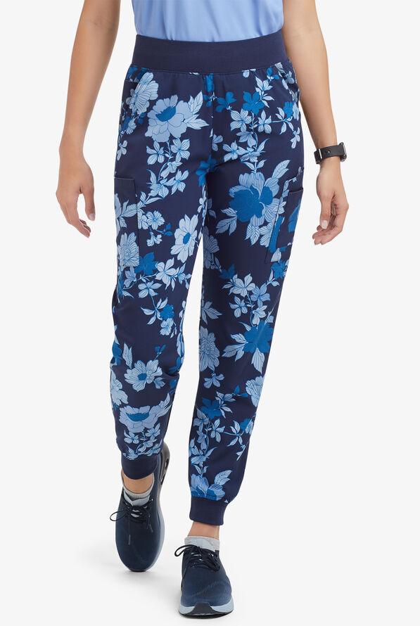 Easy Stretch Cuff Paris Floral Navy Women’s 5-Pocket Jogger Print Scrub Pants - null - 1