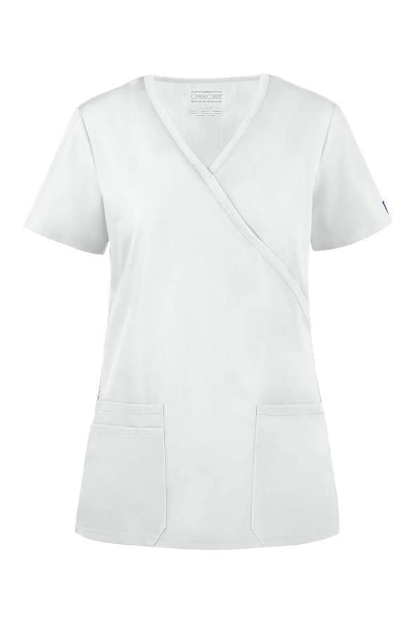 Cherokee Workwear Women's 3-Pocket Rib-Knit Mock Wrap Scrub Top - White - 1