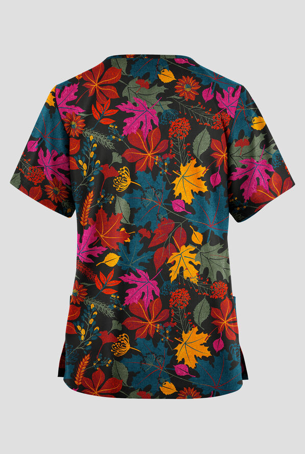 Butter-Soft Originals Vermont Leaves Women's 2-Pocket V-Neck Print Scrub Top - null - 2