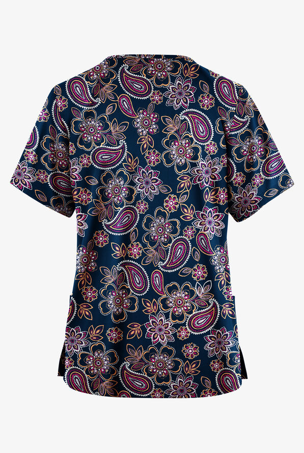 Butter-Soft Originals Paisley Garden Navy Women's 2-Pocket V-Neck Print Scrub Top - null - 2