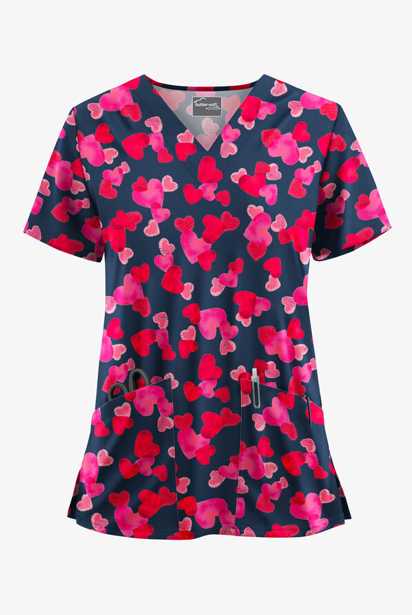 Butter-Soft STRETCH Forever Love Navy Women's 2-Pocket V-Neck Print Scrub Top - null - 1