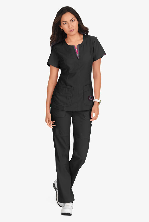 koi Lite™ Serenity Women's 4-Pocket Double Zipper Scrub Top - Black - 5