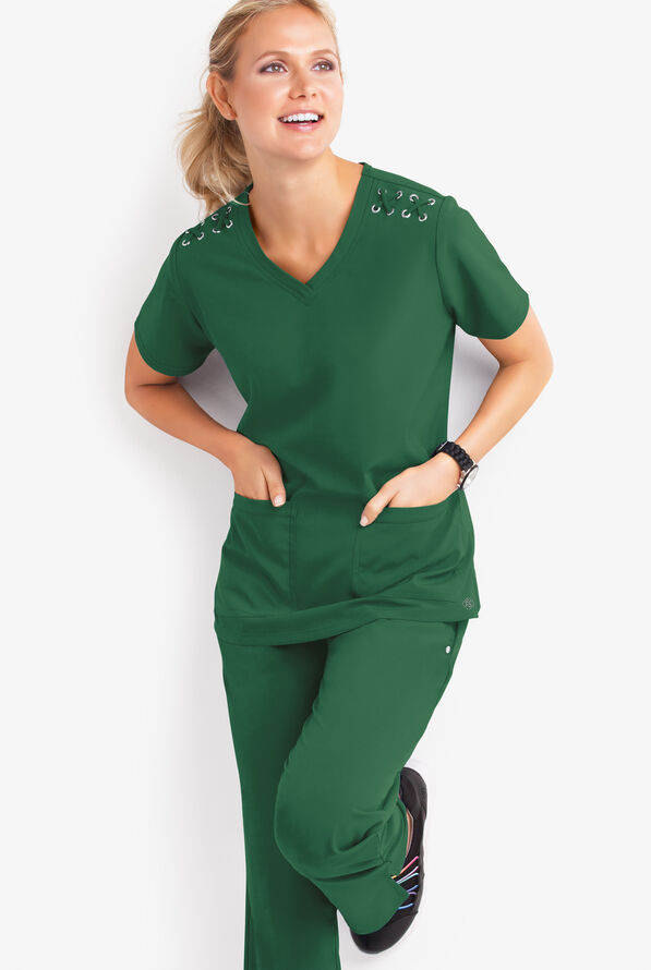 Blusa médica Easy STRETCH Leila con ojales y lazos para mujer - Hunter - 2