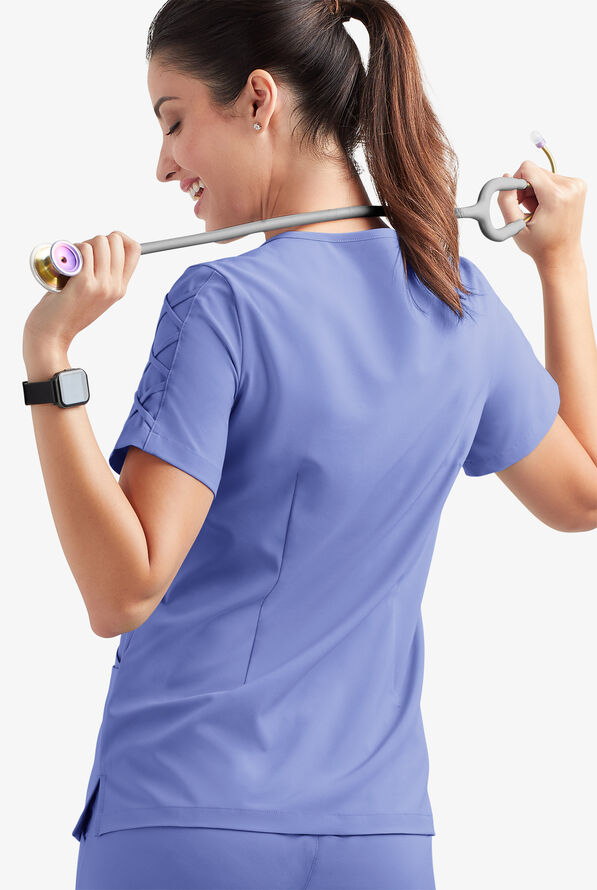 Easy STRETCH Kylie Woman's 5 Pocket V-Neck With Criss-Cross Detail Scrub Top - Ceil Blue - 4