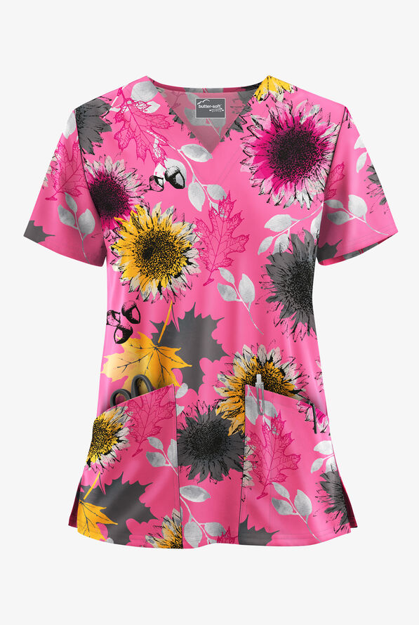 Butter-Soft STRETCH Sunflowers Fuchsia Women's 2-Pocket V-Neck Print Scrub Top - null - 1