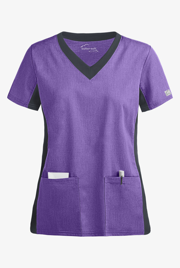 Butter-Soft STRETCH Women's 3-Pocket Contrast Scrub Top - Sparkling Grape Heather/Pewter - 1