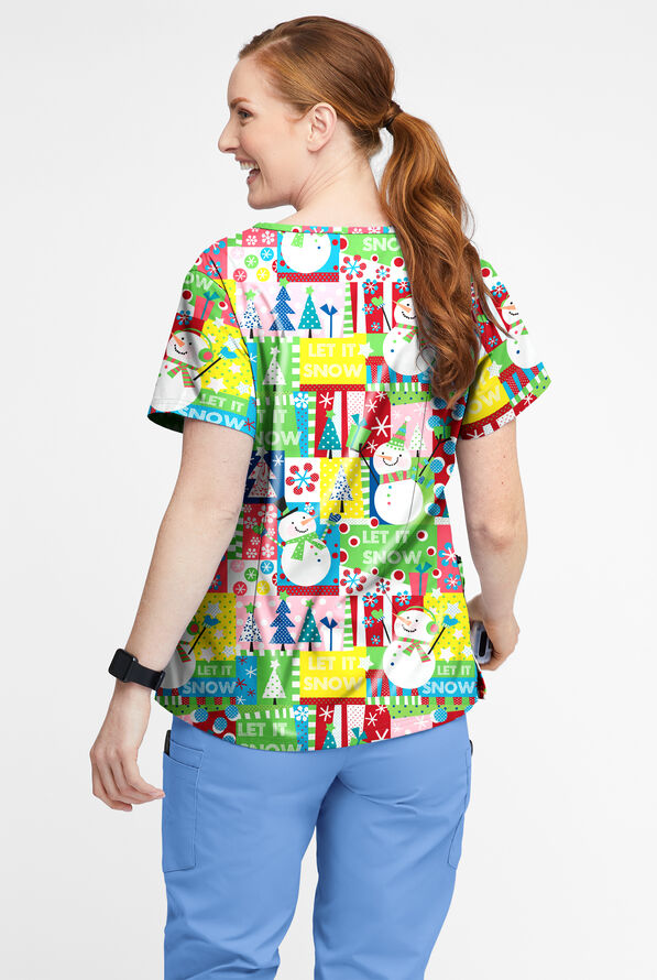 Butter-Soft Joyful Snowman Grass Green Women&rsquo;s 4-Pocket V Notch-Neck Print Scrub Top - null - 3