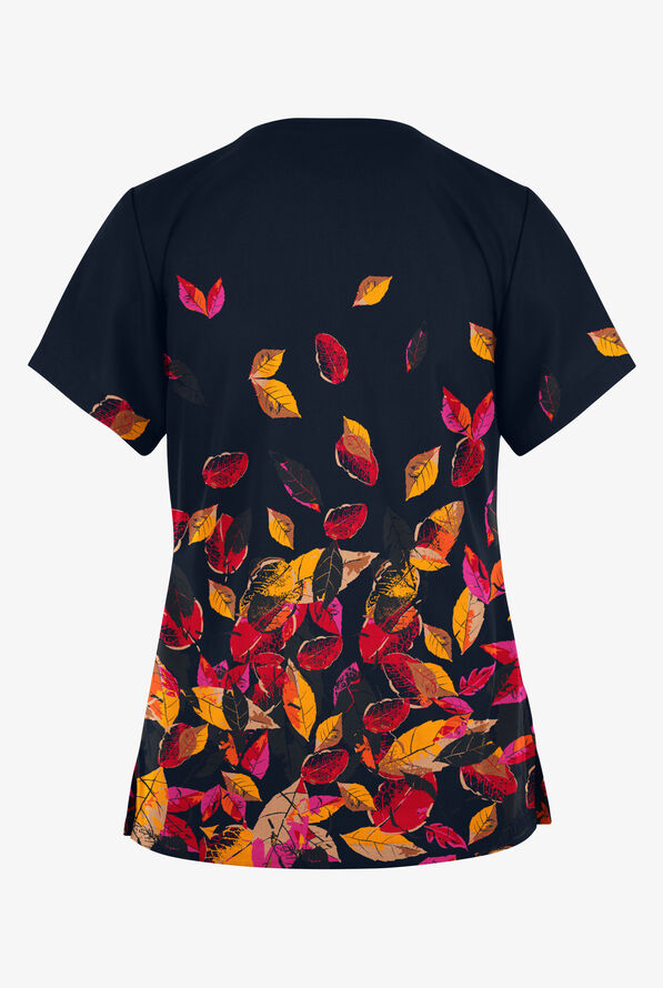 Butter-Soft Originals Autumn Border Navy Women's 2-Pocket V-Neck Print Scrub Top - null - 2