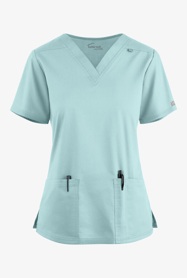 Butter-Soft STRETCH Women's 4-Pocket V-Neck Scrub Top - Salt Blue - 1